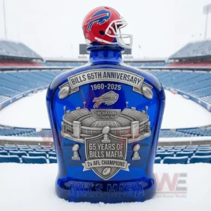 Bills Mafia commemorative whiskey bottle with helmet stopper placed on snow inside a large football stadium!