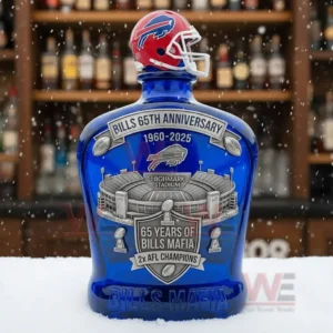 Bills Mafia anniversary whiskey bottle with helmet stopper displayed on a bar counter with liquor shelves and snow in the background!