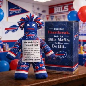 A Buffalo Bills patterned dammit doll next to a matching box with Bills decorations and balloons in the background!
