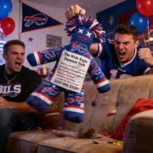 Buffalo Bills Mafia Heartbreak Dammit Doll 4 Two Bills fans shouting on a couch while one lifts a Buffalo themed dammit doll with balloons and confetti around them!