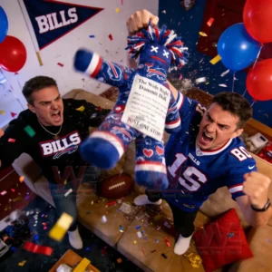 Buffalo Bills Mafia Heartbreak Dammit Doll 5 Two excited Bills fans holding a Buffalo themed dammit doll in the air while confetti fills a Bills decorated room!