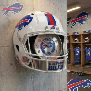 Buffalo Bills helmet wall clock with a white helmet design blue red stripes side logos and a clock face inside the facemask featuring the Bills team logo.