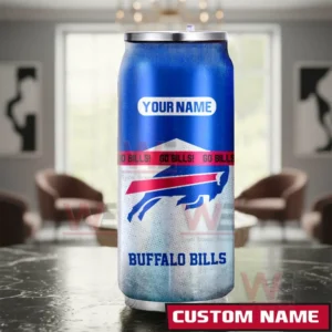Buffalo Bills NFL Personalized Can Tumbler 5 A custom Buffalo Bills can shaped tumbler positioned inside a living room setting with strong team colors and space for name personalization!