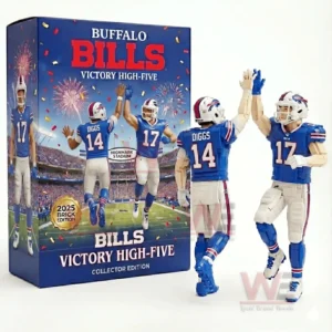 Brick football figures in blue uniforms performing a celebratory high five next to a themed collector box representing a winning moment on the field!