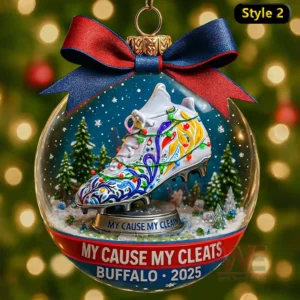 Buffalo My Cause My Cleats Football Cleat Christmas Ornament 3 A clear Christmas globe ornament containing a decorated cleat set in a snowy scene with Buffalo themed text on the outer band!