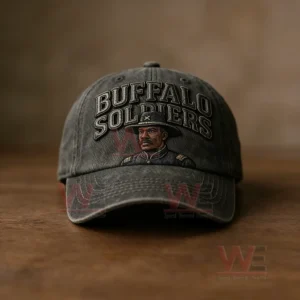 Dark gray embroidered baseball cap with Buffalo Soldiers text and a historical soldier portrait on the front!