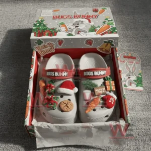Holiday clogs with Bugs Bunny themed Christmas charms displayed inside a festive gift box!