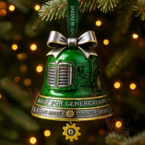 A green tractor themed bell ornament with metallic accents a silver bow and engraved text celebrating generations of strength!