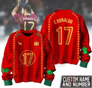 Red Christmas sweater with festive patterns green cuffs and a large central number inspired by football!
