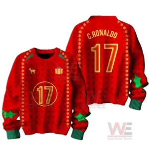 C. Ronaldo 17 Ugly Christmas Sweater 5 Back view of red Christmas sweater with player name text and large number in festive style!