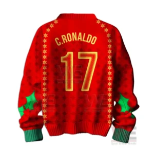 C. Ronaldo 17 Ugly Christmas Sweater 6 Close up back view of red festive sweater with large number and holiday motifs!