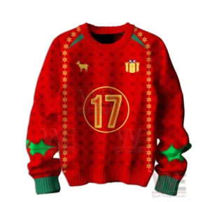 C. Ronaldo 17 Ugly Christmas Sweater 7 Front view of red Christmas sweater with central number and festive holiday decorations!