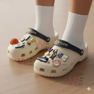 Caitlin Clark Crocs Clogs with Charms 4 Cream Caitlin Clark themed clogs with multiple basketball charms worn with white socks!