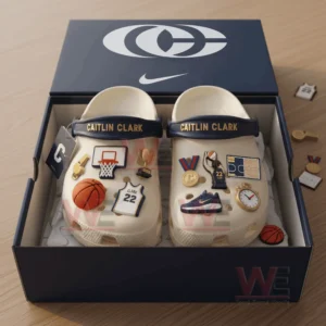 Caitlin Clark Crocs Clogs with Charms 5 Cream clogs inside a branded box decorated with Caitlin Clark themed basketball charms!
