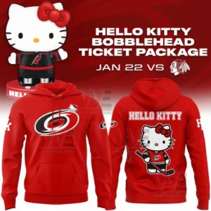 Red hoodie with Carolina Hurricanes logo on the front and Hello Kitty hockey player graphic with large text on the back.