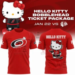 Carolina Hurricanes x Hello Kitty Night Hoodie, Shirt 4 Red t shirt with Carolina Hurricanes logo on the front and Hello Kitty holding a hockey stick with large text on the back.