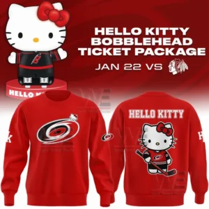 Carolina Hurricanes x Hello Kitty Night Hoodie, Shirt 5 Red crewneck sweatshirt with Carolina Hurricanes logo on the front and Hello Kitty hockey player graphic with large text on the back.