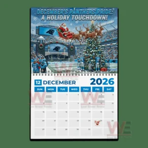 Carolina Panthers 2026 Wall Calendar 7 Snowy stadium with Christmas tree cheering fans and Santa flying overhead in a sleigh!