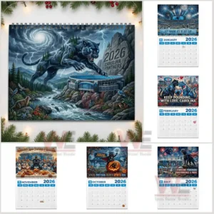 Carolina Panthers 2026 Wall Calendar 8 Multiple themed calendar pages show giant panther scenes holiday art and seasonal team designs!
