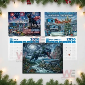 Carolina Panthers 2026 Wall Calendar 9 July and December stadium scenes with fireworks and Christmas theme alongside a stormy giant panther cover!