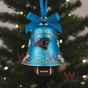 Carolina Panthers NFL Christmas Bell Ornament 5 A close up of a blue Carolina Panthers holiday bell ornament with floral snowflake and team details!