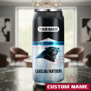 Carolina Panthers NFL Personalized Can Tumbler 5 A custom Carolina Panthers can shaped tumbler positioned inside a living room with strong team colors and an area for text personalization!