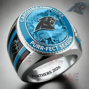 Silver and blue Carolina Panthers championship ring with a large blue gemstone look center panther logo and detailed team themed design!