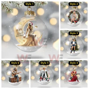 A set of clear Christmas ornaments displaying a woman in various holiday outfits inside snowy festive scenes!