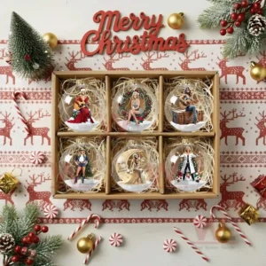 A Christmas gift box displaying six clear ornaments each showing a festive woman inside snowy holiday scenes!