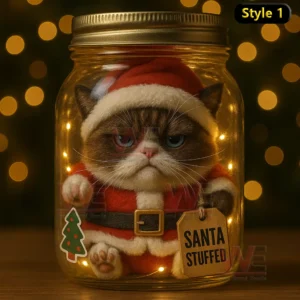 Cat in a Santa costume sitting inside a lit jar looking grumpy with a tag that says Santa Stuffed!