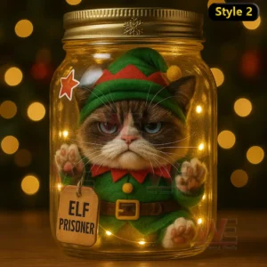 Cat in a green elf costume sitting inside a lit jar looking displeased with a tag that says Elf Prisoner!