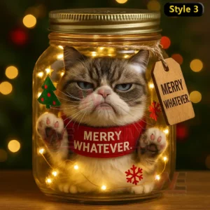 Cat wearing a red holiday sweater inside a lit jar looking annoyed with a tag that says Merry Whatever!