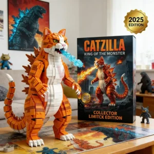 Brick built orange cat monster figure inspired by a giant monster movie standing on a table with a themed collector box behind it!