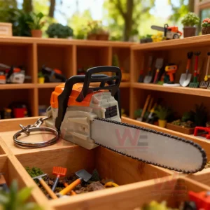 Mini chainsaw keychain placed in a wooden tool display!