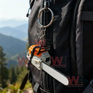 Chainsaw Keychain Portable Chainsaw Key Ring 7 Mini chainsaw keychain hanging from a backpack with mountains behind!