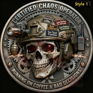 Metallic challenge coin with a skull in tactical helmet surrounded by gears tools and rugged military themed design!