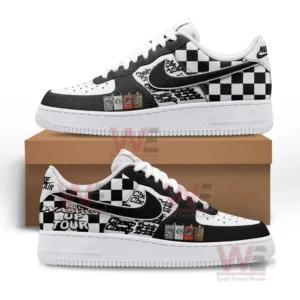 Black and white graphic sneakers with checkerboard heel panels shown in side view with one shoe on a brown shoebox and one in front on a white background.