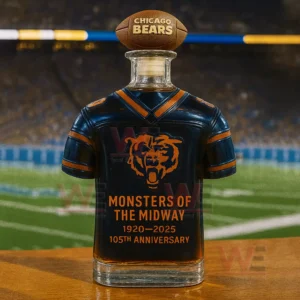Whiskey bottle shaped like a football jersey standing on a table with a football field blurred in the background!