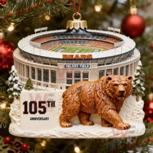 A Christmas tree ornament modeled after Soldier Field with a prominent bear figure and a one hundred fifth anniversary sign displayed in front!