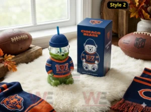 Chicago Bears bear glass cup displayed indoors with football decor and team gift box!