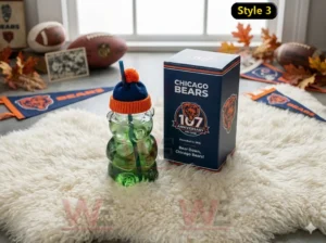 Premium Chicago Bears bear shaped glass cup with elegant box and football themed background!