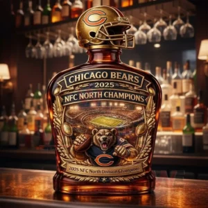 Chicago Bears themed championship bottle with a gold helmet top displayed in a bar setting!