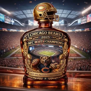 Championship themed Chicago Bears bottle with a helmet cap displayed in a stadium environment!