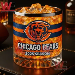 A Chicago Bears 2025 Season glass filled with illuminated ice displaying the team logo in orange and navy colors!
