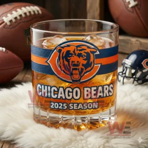 Chicago Bears 2025 Season Whiskey Glass 5 A Chicago Bears 2025 Season glass with ice surrounded by football accessories and team memorabilia!