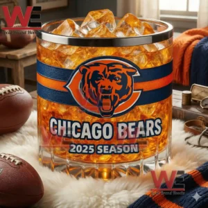 Chicago Bears 2025 Season Whiskey Glass 6 A Chicago Bears 2025 Season glass filled with bright ice cubes positioned in a warm living room space with football decor!