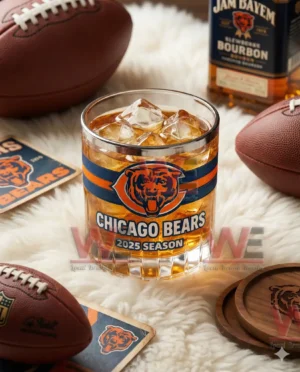 Chicago Bears 2025 Season Whiskey Glass 7 A Chicago Bears 2025 Season glass with ice surrounded by football items coasters and a bourbon bottle!