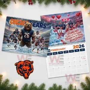 Collage of Chicago Bears twenty twenty six calendar pages including the main cover with a large bear mascot and the February page with a romantic stadium theme!