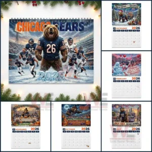 Collection of Chicago Bears twenty twenty six calendar pages with holiday romantic Halloween and patriotic themes surrounding the main cover!