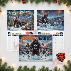 Chicago Bears twenty twenty six calendar pages for December January and the main cover featuring a bear mascot in snowy stadium scenes!